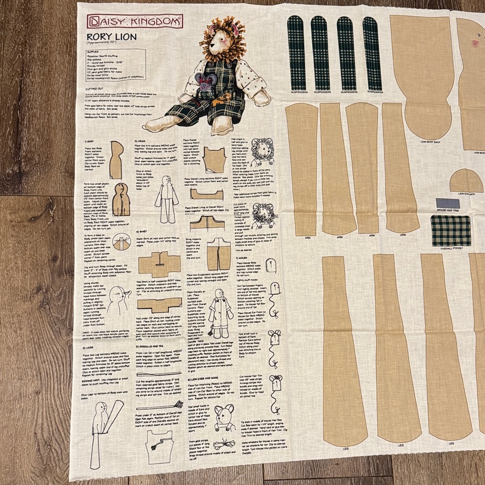 vintage fabric panel for creating a "Rory Lion" soft sculpture doll 1990